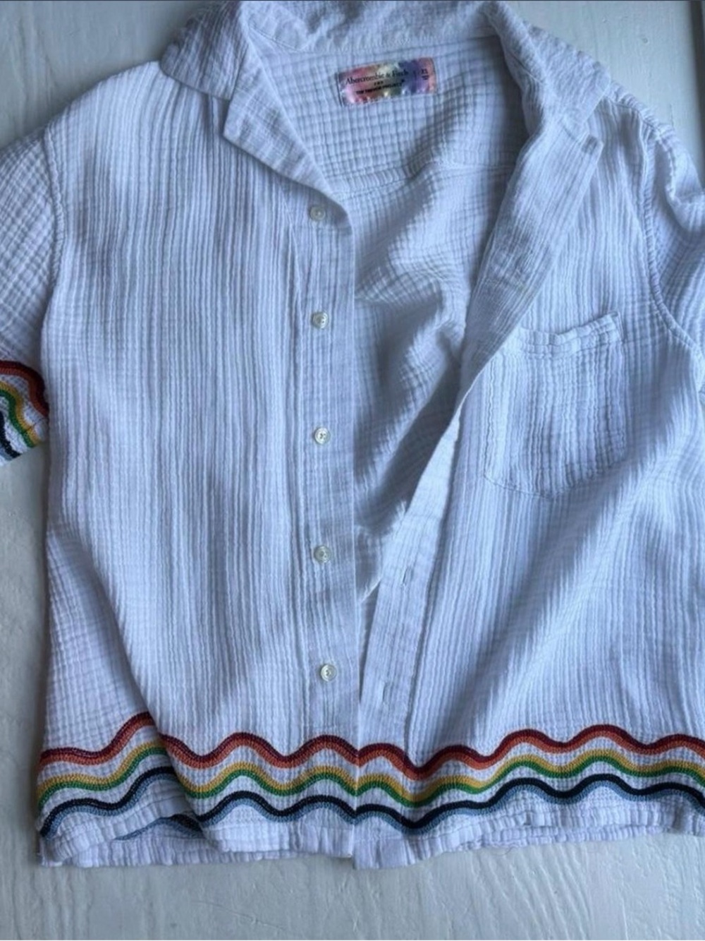 Abercrombie & Fitch x Trevor Project Pride Rainbow Wave Crinkle Gauze Shirt XS